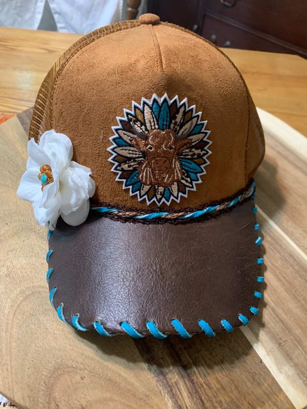 Ladies Brown & Turquoise Embellished Trucker Hat with Flower Accent